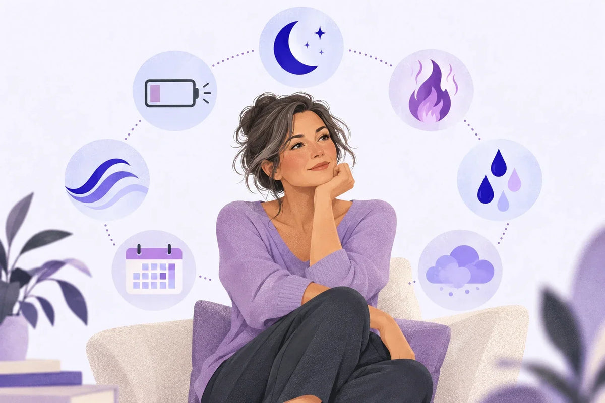 Iliustracija: moteris sėdi fotelyje, aplink ją dažniausių perimenopauzės ženklų simboliai